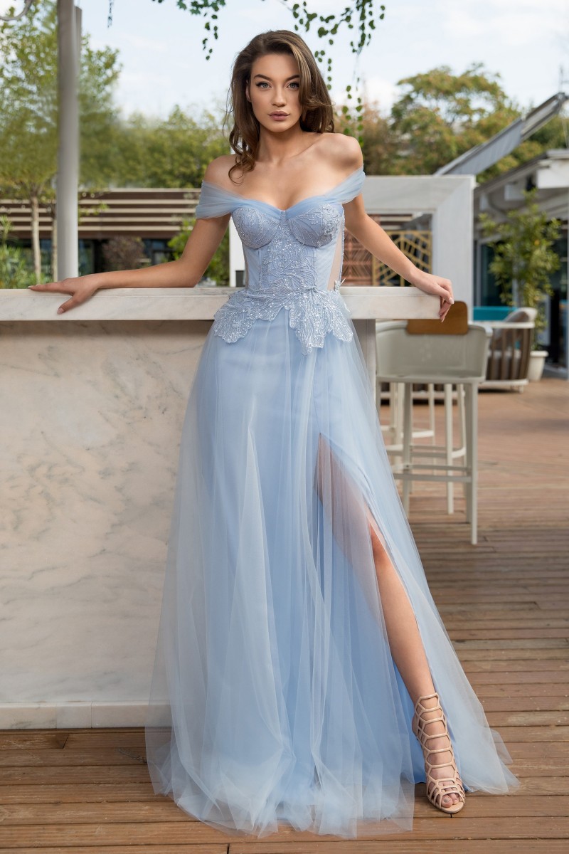 Light Sky Blue Beach Prom Dresses Off Shoulder Lace Appliques Sequins Side Split Plus Size Evening Gowns Abendkleider robes de soirée