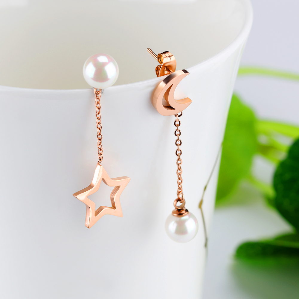Charm Star and Moon Drop Earrings Jewelry Stainless Steel 14K Gold Plated White Pearl Setting Earrings Women Girl's Gift
