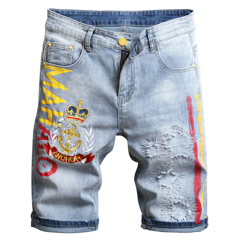 Men's summer colored letters printed embroidery denim shorts Streetwear patchwork ripped stretch jeans, Blue
Men's summer colored letters printed embroidery denim shorts Streetwear patchwork ripped stretch jeans, Blue