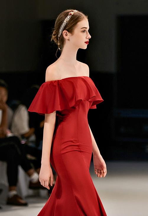 Elegant Dark Red Evening Dress Soft Satin New Slim Mermaid Long Banquet Off Shoulder Lace-up Back Formal Prom Dresses In Stock