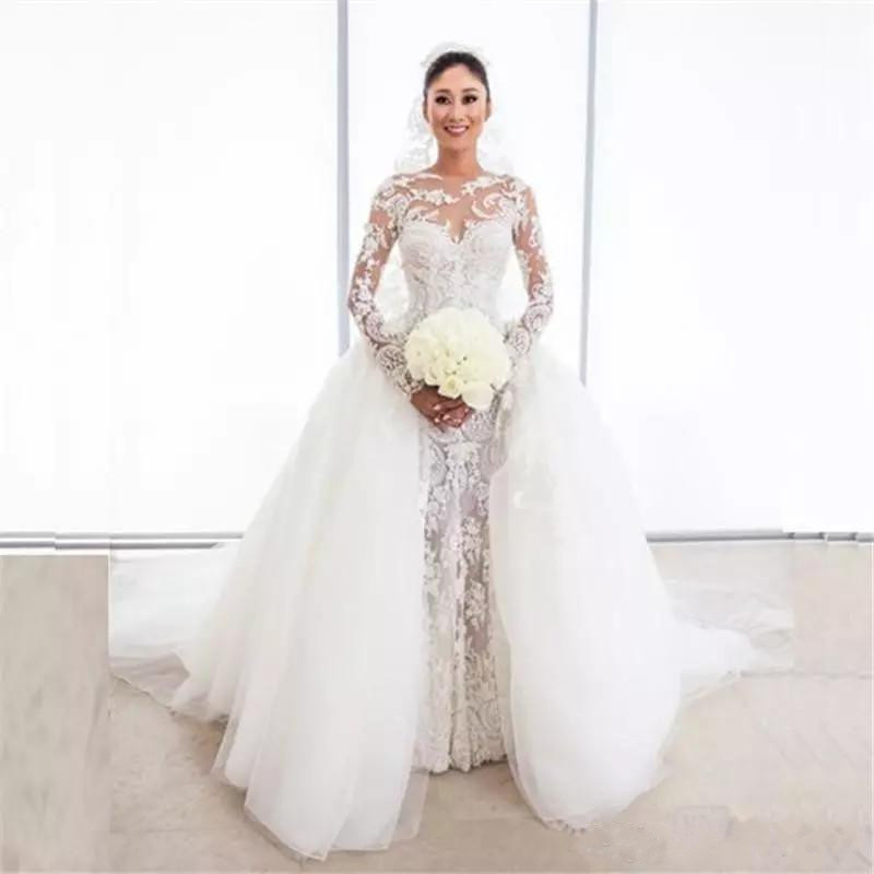 Lace Mermaid Gorgeous Dresses with Tulle Puffy Overskirt Illusion Long Sleeves Custom Wedding Dress Bridal Gowns