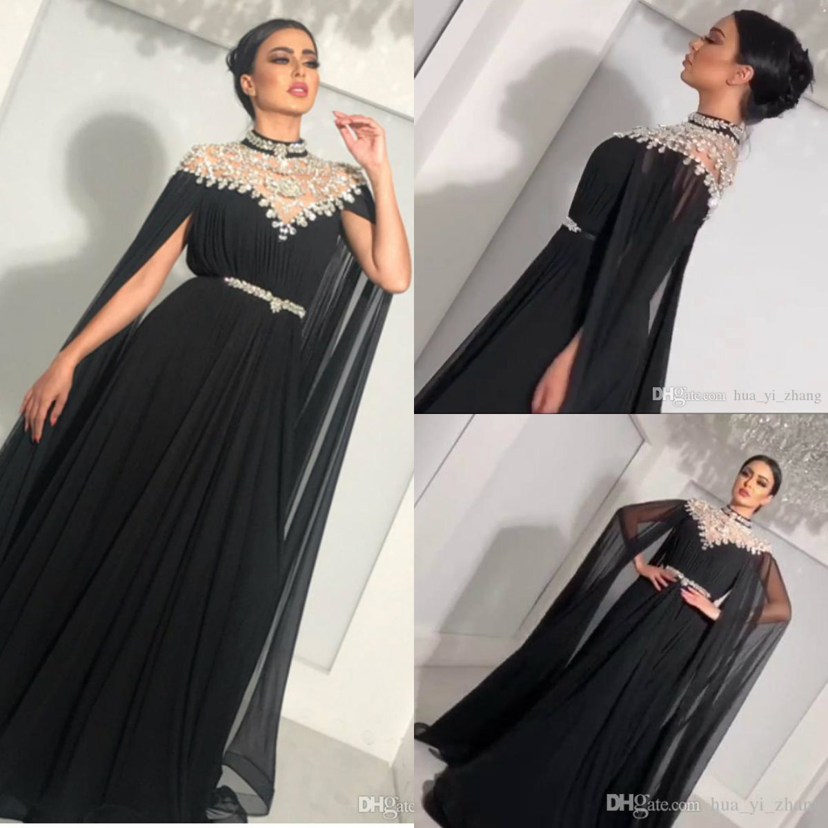 2019 Bling Crystal Evening Dresses with Long Cape High Neck Rhinestone Floor Length Plus Size Party Gowns Custom Made Sash Prom Dress