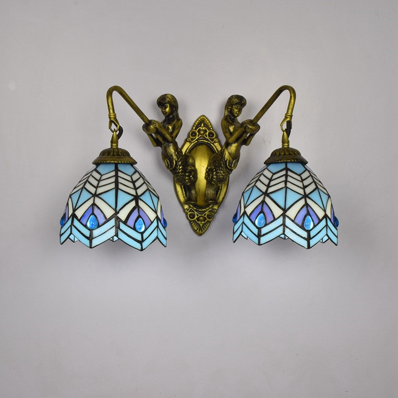 Tiffany style coloured glass wall lamps restaurant bedroom corridor lighting Modern mermaid double headed glass sconce TF056