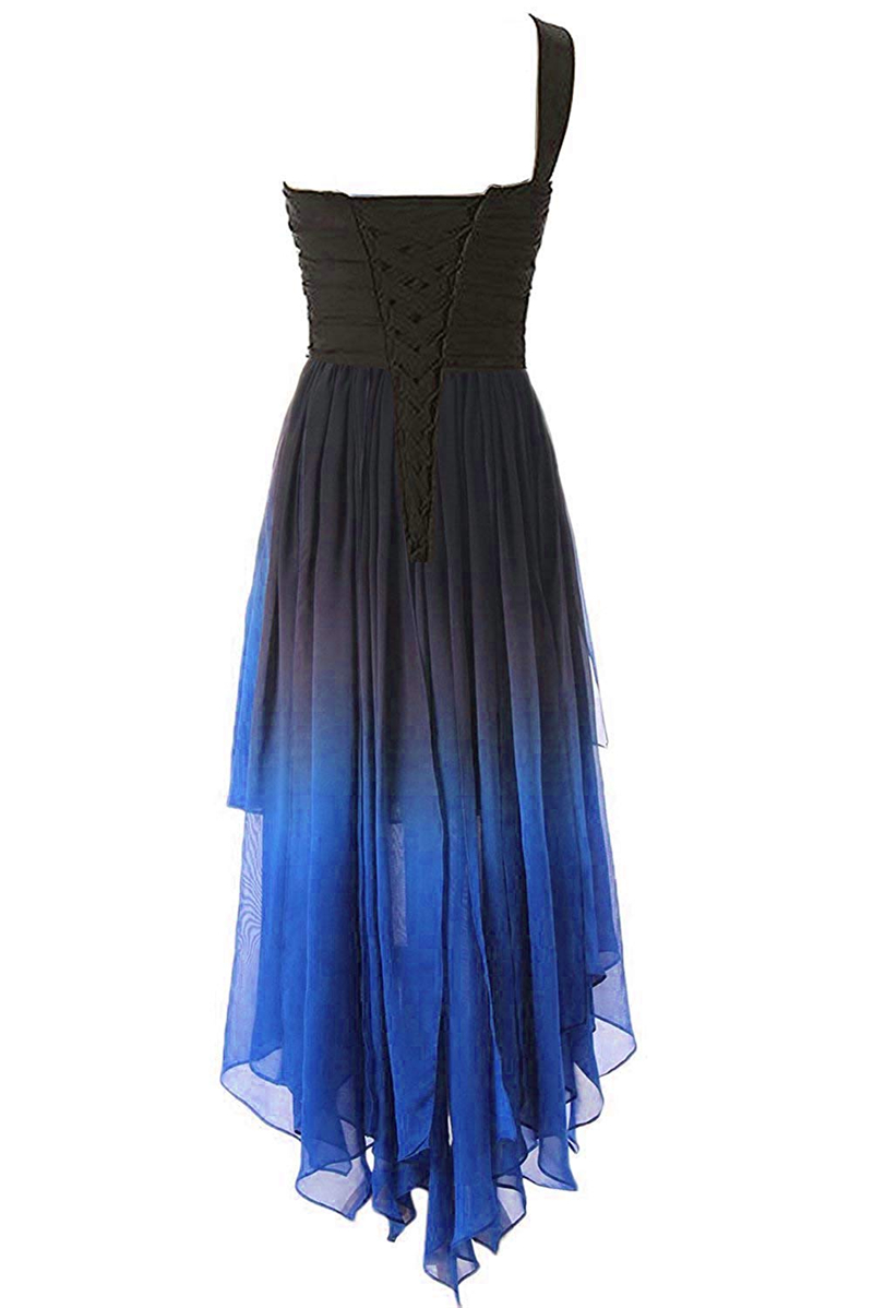 Sexy Ombre One Shoulder Crystals Prom Dress Hi-Lo Gradient Backless Chiffon Homecoming Cocktail Evening Party Gown QC1335