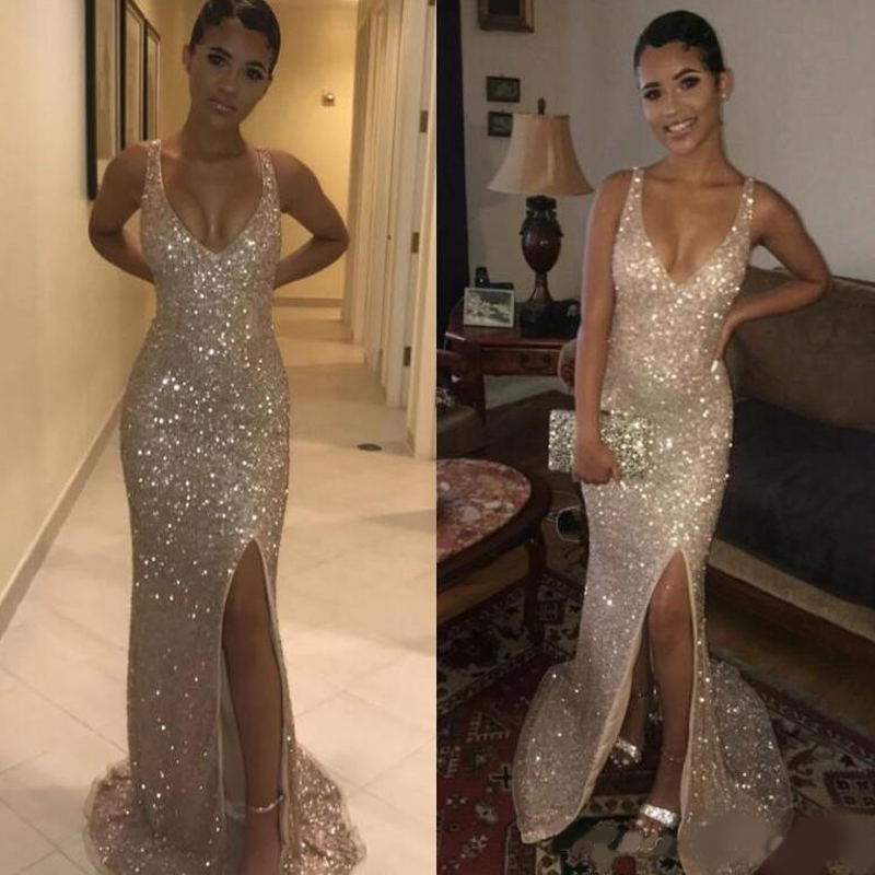 2020 V Neck Sequin Long Backless Gold Prom Dresses Full Sequins Ruffles Evening Reflective Dress Event Gowns