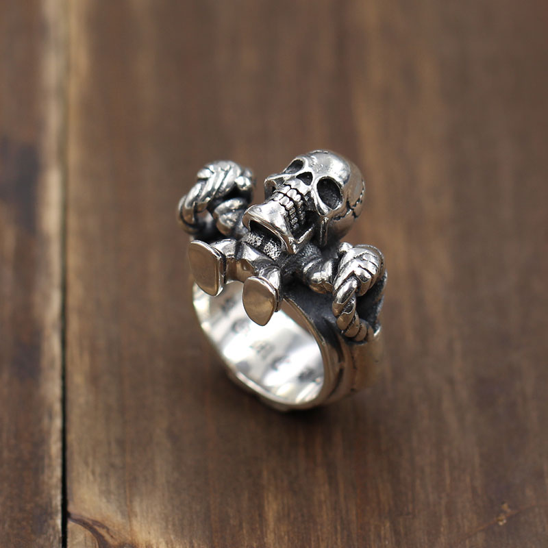 Personalized 925 sterling silver fine jewelry vintage American designer mens rings heavy gothic punk skull band rings