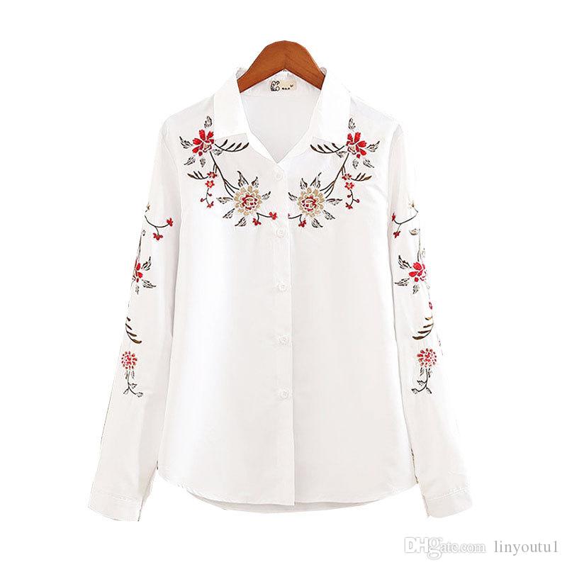 2020 Long Sleeve Floral Women Embroidered Blouse White Elegant Turn-down Collar Office Women Casual Blouse 2019 Spring New Top