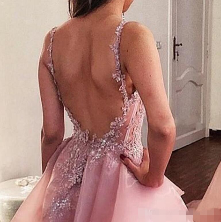 2020 High Low Pink Prom Dresses Sexy Backless Spaghetti Straps Beaded Lace Applique Tiered Organza Plus Size Evening Gowns Formal Occasion