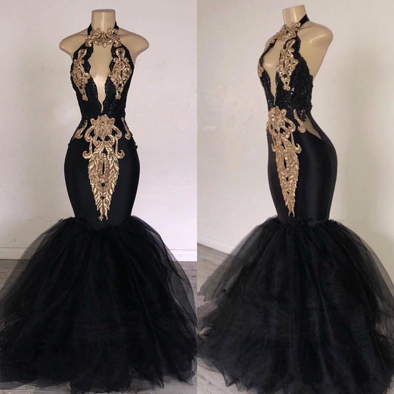 Sexy Black Halter Tulle Mermaid Long Prom Dresses Keyhole Lace Applique Gold Sparkly Backless Full length African Occasion Evening Gowns