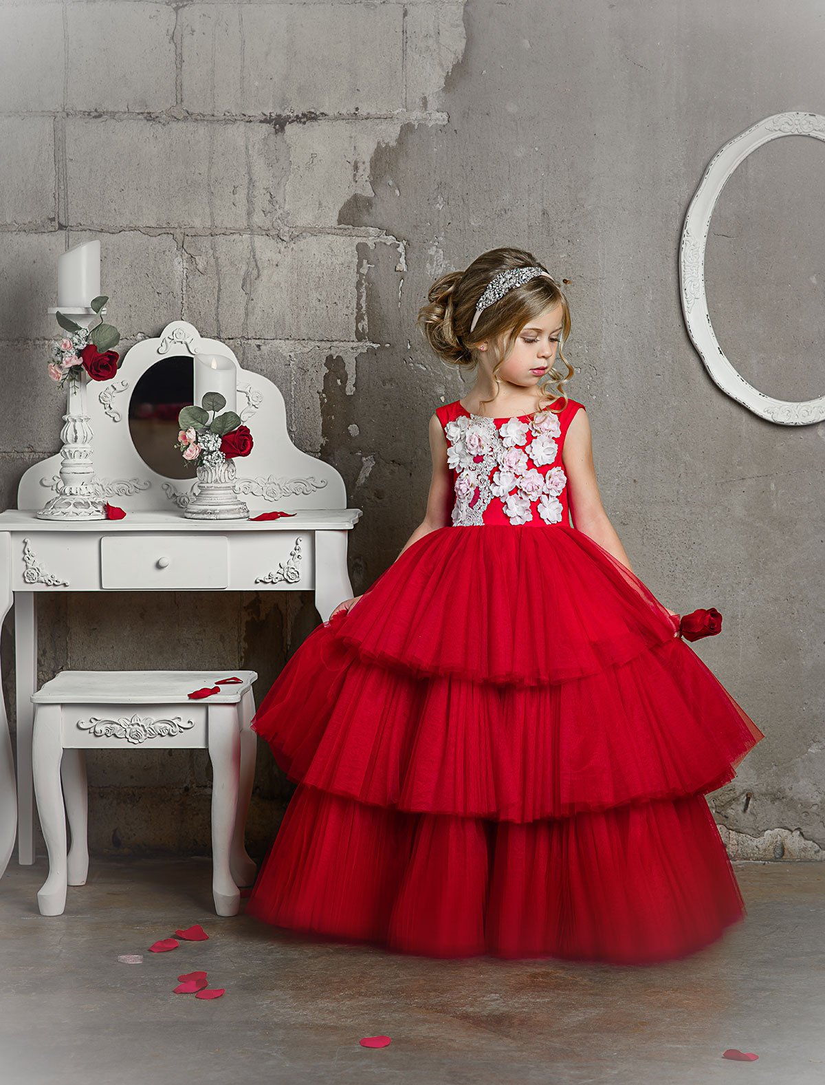 Dollcake Flower Girl Dresses Tulle Lace 3D Floral Appliqued A Line Red Girls Pageant Dress Custom Made Tiered Skirts Cute Kids Formal Gown