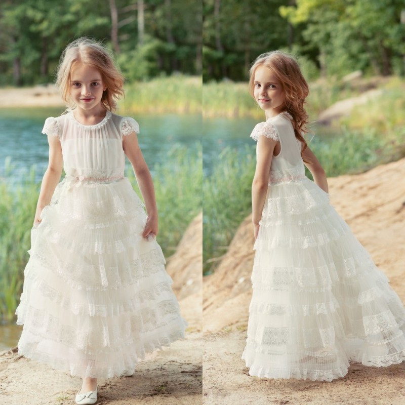 2019 Country Flower Girls Dresses For Wedding Cap Sleeve Lace Tieres Ruffle Floor Length Girl Prom Party Dress Bohemian Princess Gowns