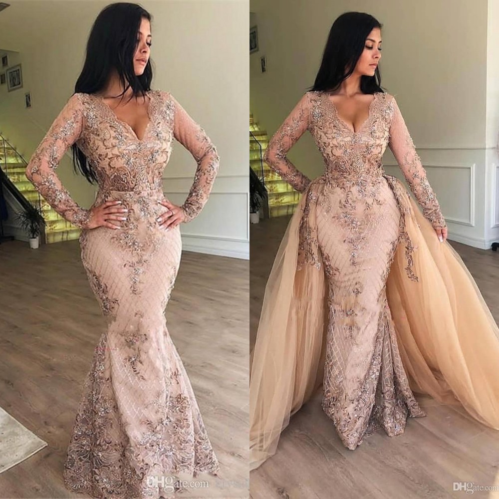 New Long Sleeves Mermaid Prom Dresses Evening Dress V Neck Lace Appliques Sequins Floor Length Overskirts Train Formal Evening Gowns Wear
