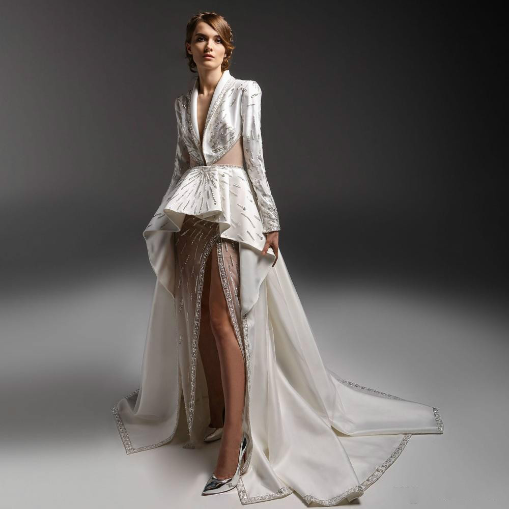 2019 Ivory Prom Dresses Bead Sequins Crystal Side Split Long Sleeve Evening Dress Formal Party Gowns Custom Made Girls Pageant Dress
