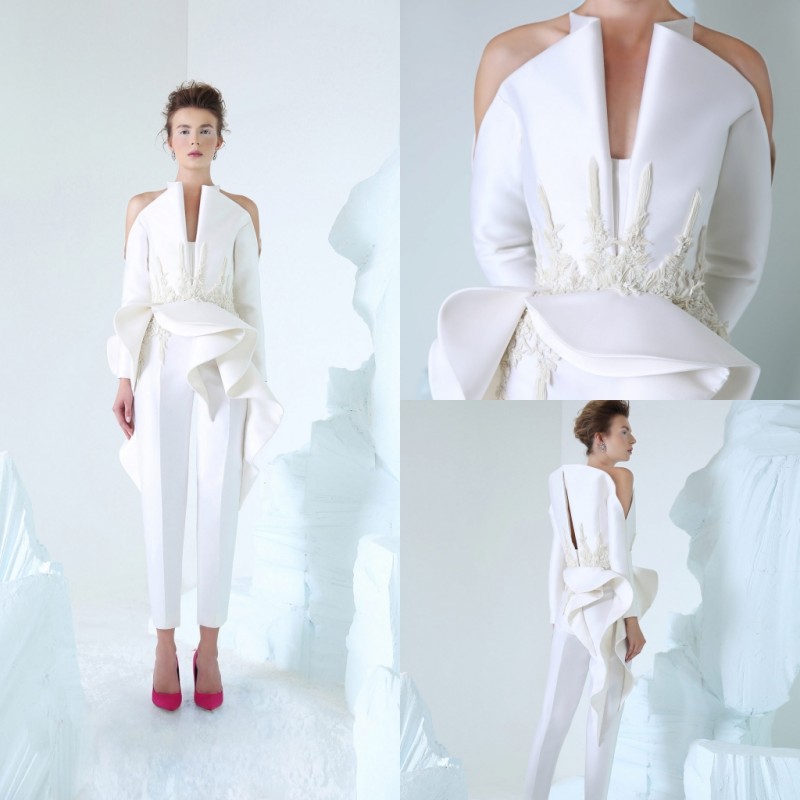 Azzi Osta 2019 White Jumpsuits Prom Dresses Strapless Lace Appliqued Pants Celebrity Party Gowns Floor Length Formal Evening Dress