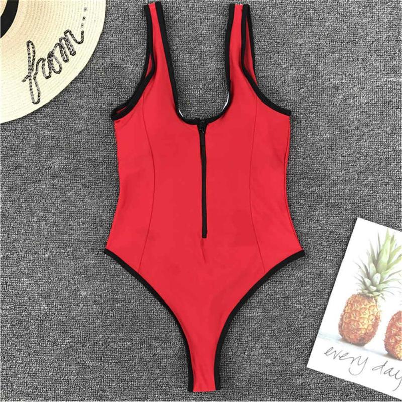 New Sexy Red Zipper High Cut Leg Thong One Piece Swimsuit Women Swimwear Female 2019 Bather Bathing Suit Swim Monokini Lady V890