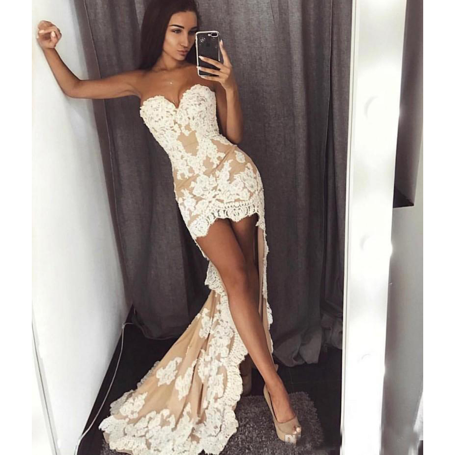 Sexy Hi Lo Lace A Line Prom Dresses 2019 Cocktail Dresses Sweetheart Front Short Back Long Plus Size Evening Occasion Party Wears Custom Mad
