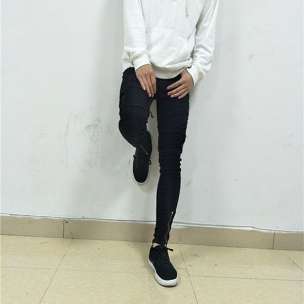 Men's Jeans Biker Knee Protection Designer Black Men Casual Male Trousers Skinny Motorcycle High Quality Side Pants
