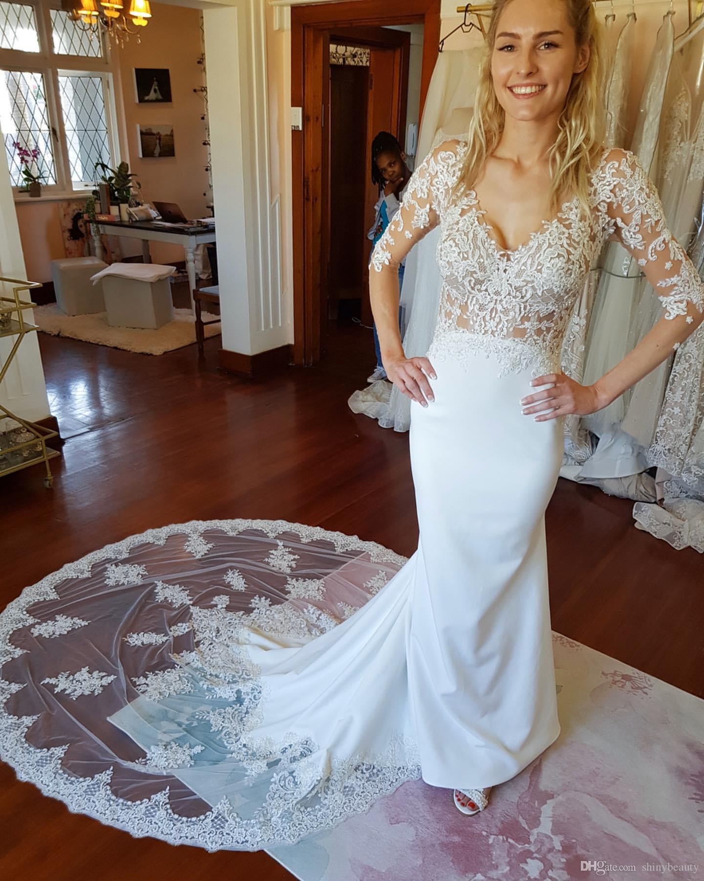 Sexy Lace Mermaid Dresses Jewel Neck Applique Long Illusion Sleeves Court Train Wedding Dress Bridal Gowns vestidos de novia Custom