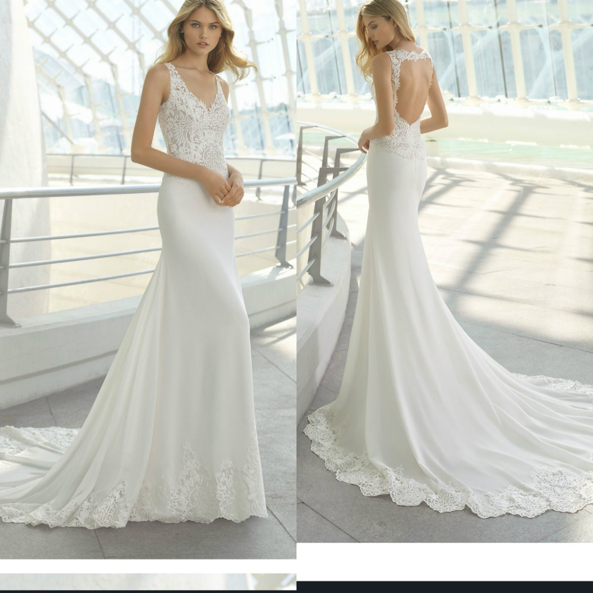 2020 Elegant Mermaid Wedding Dresses Lace Appliqued V Neck Sweep Train Beach Wedding Dress Robes De Mariée Hollow Back Country Bridal Gowns