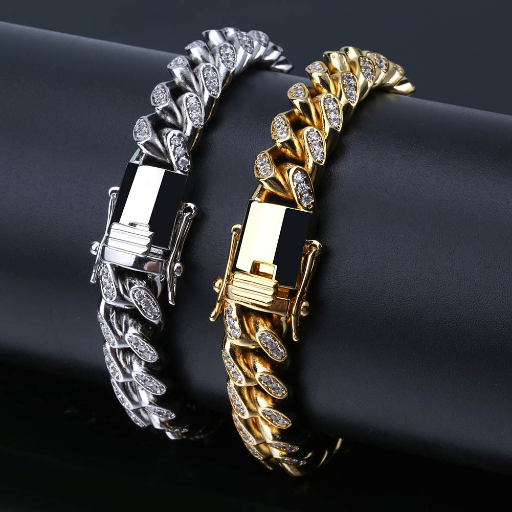 Iced Out CZ Zircon Miami Cuban Link Chain Bracelet 10mm 14mm 18mm Rapper New 18k Gold Plated Mens Hip Hop Punk Rock Curb Chains Jewelry Gifts for Boys