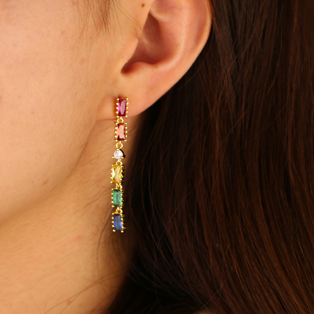 long tassel drop earring rainbow baguette cz link chain geometric fashion gorgeous women jewelry