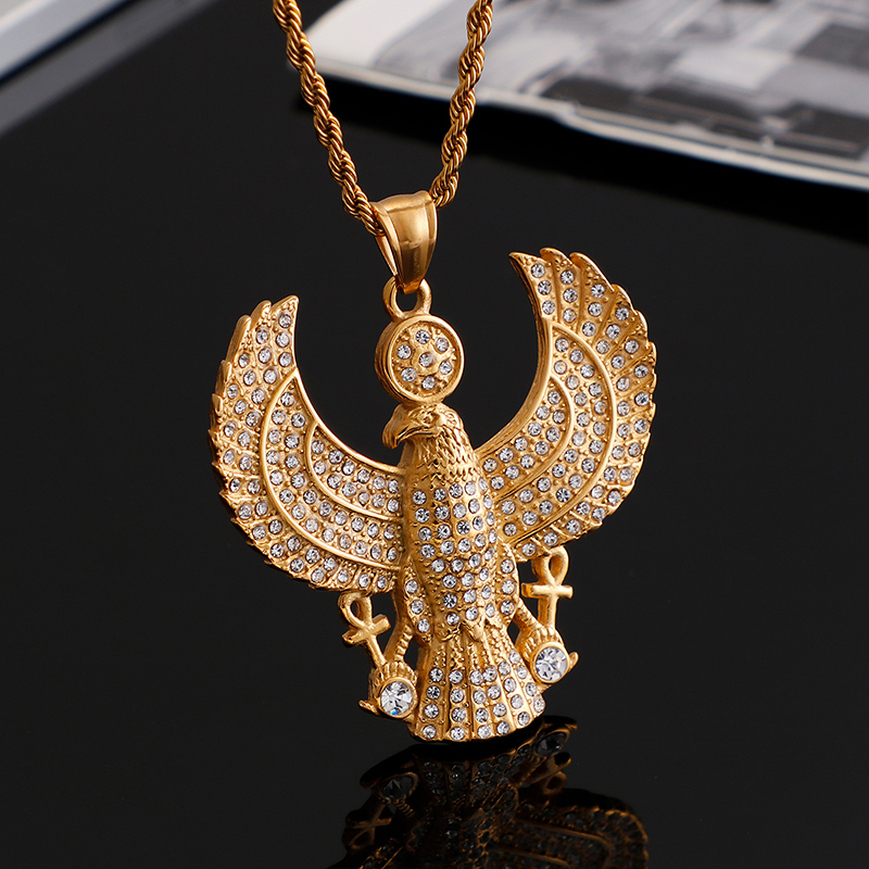 Full Rhinestone Inlay Eagle Pendants Necklace New Men Hip Hop 316L Stainless Steel 18K Gold Plated Jewelry