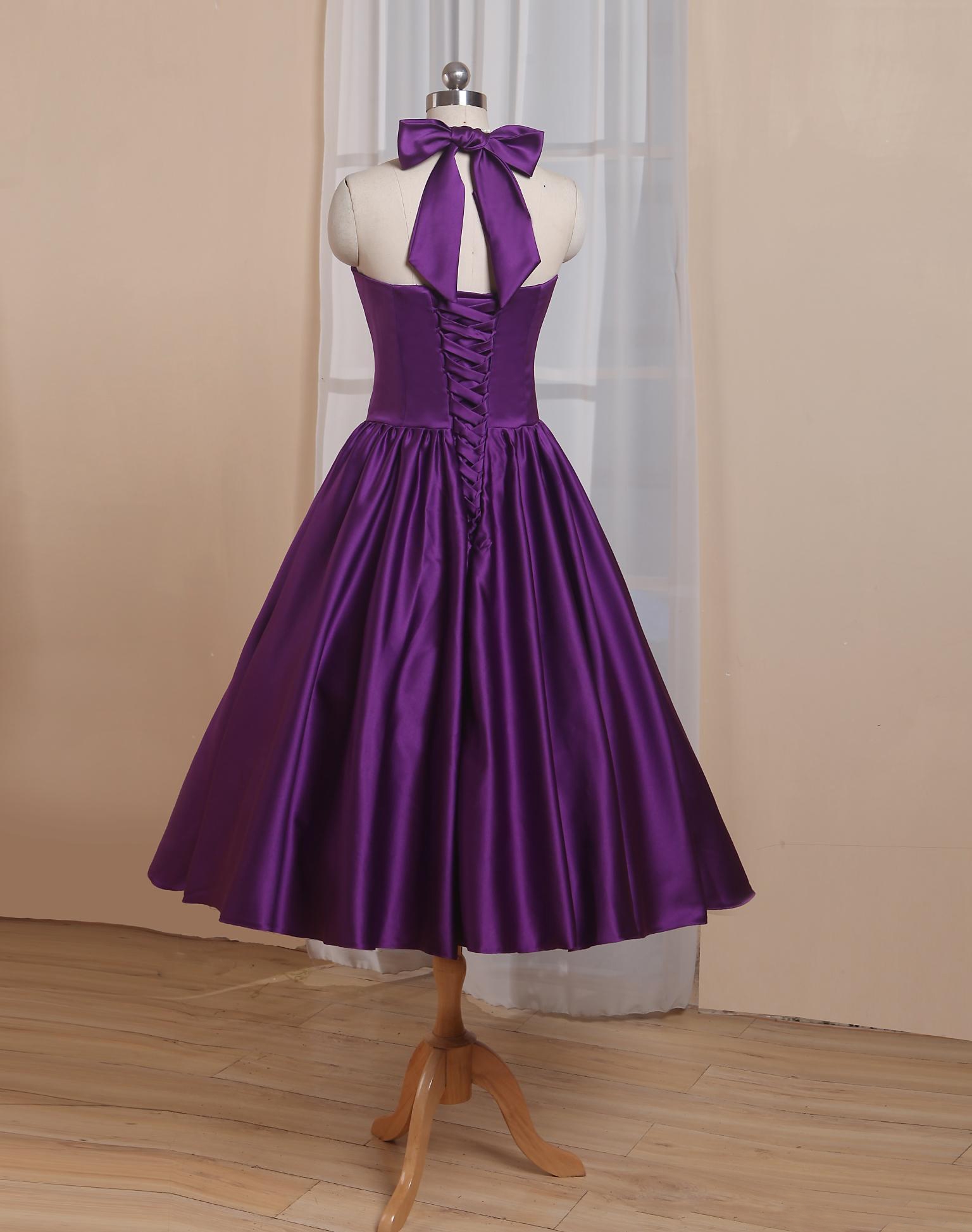 Setwell Elegant Purple Sweetheart A-line Evening Dress Sleeveless Tea Length Pleated Satin Prom Party Formal Gown