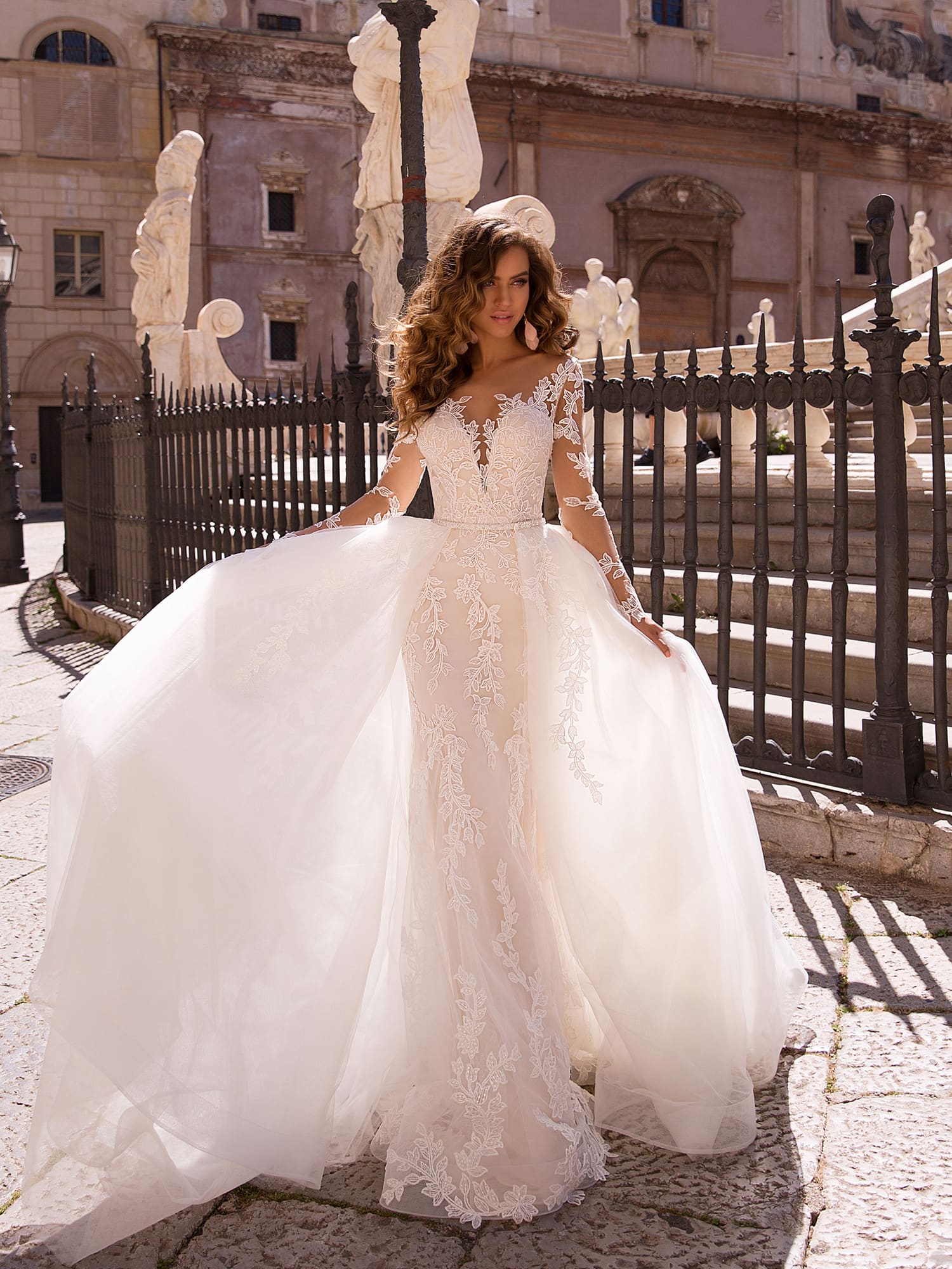 Lussanobridal Mermaid Wedding Dresses With Overskirts V Neck Illusion Bridal Gown Covered Button Back Long Sleeves Boho Wedding Dress Custom