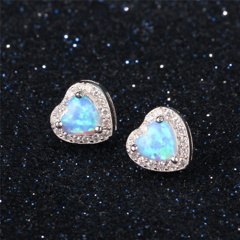 925 Sterling Silver Blue Creat Opal Heart Shape Stud Earrings Cubic Zirconia Earring Wedding Jewelry Mother Gift