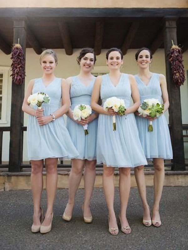 plus size Ice Blue bridesmaid dresses Sexy V Neck Knee Length Chiffon Short Wedding guest prom dresses cheap junior maid of honor dress