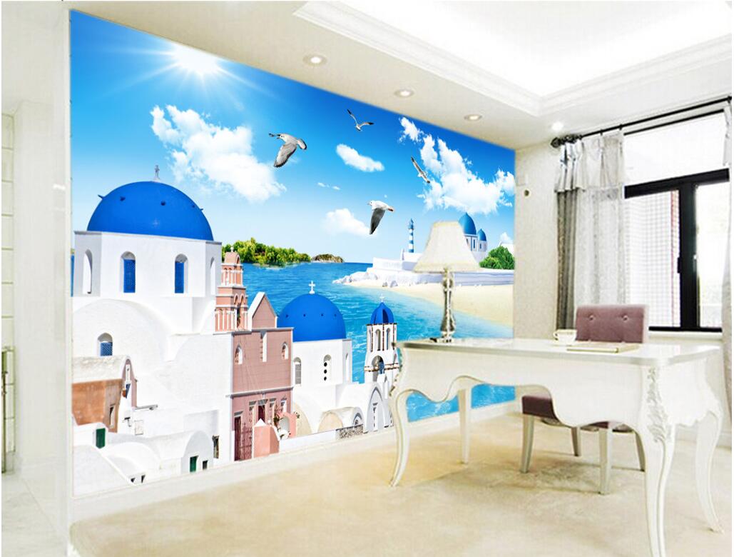 

WDBH 3d wallpaper custom photo mural Aegean castle sea scenery tv background home decor living room 3d wall murals wallpaper for walls 3 d, Non-woven