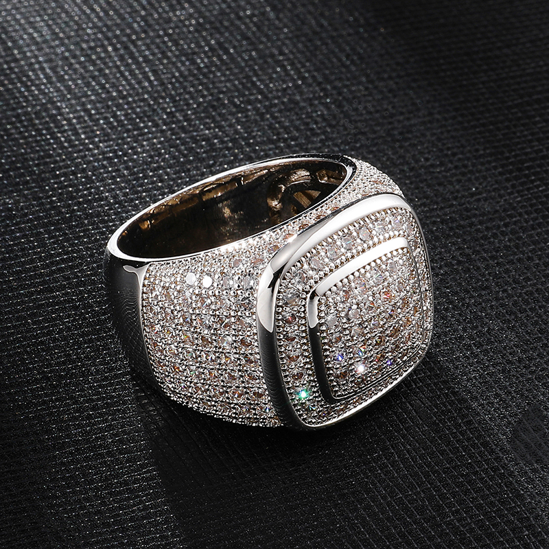 Hip Hop Iced Out Bling Full CZ Charm Tready Square Copper Zircon Ring For Men Women Jewelry Gold Silver Size 811