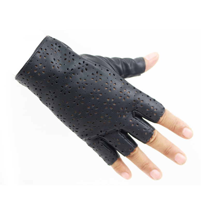 Fashion-Women Punk Gloves Female Hollow out Half Finger Driving Leather Gloves Breathable Nightclub Show Glove