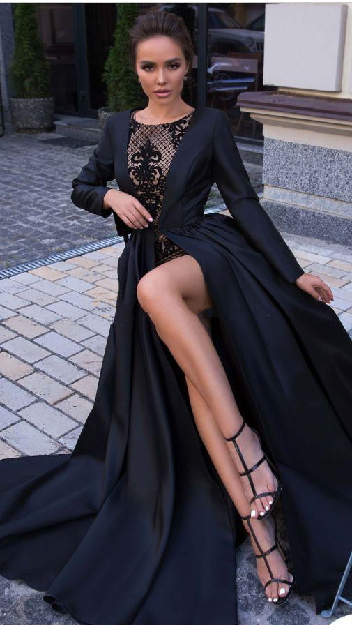 Designer Black Lace Prom Dresses With Jacket Bateau Neck Long Sleeves Evening Gowns Floor Length Plus Size Satin Formal Dress