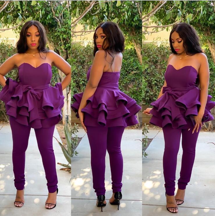 2020 Black Girls Purple Prom Dresses Jumpsuit Plus Size Strapless Tiered Ruffles Evening Gowns Ankle Length Party Formal Dress