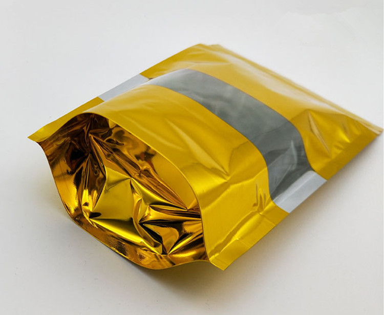 100pcs Stand up Glossy Gold Window Zip Lock Bag Resealable Golden Heat Sealing Sugar Kitechen Supplies Ground Coffee Corn Snack Display Storage Pouche