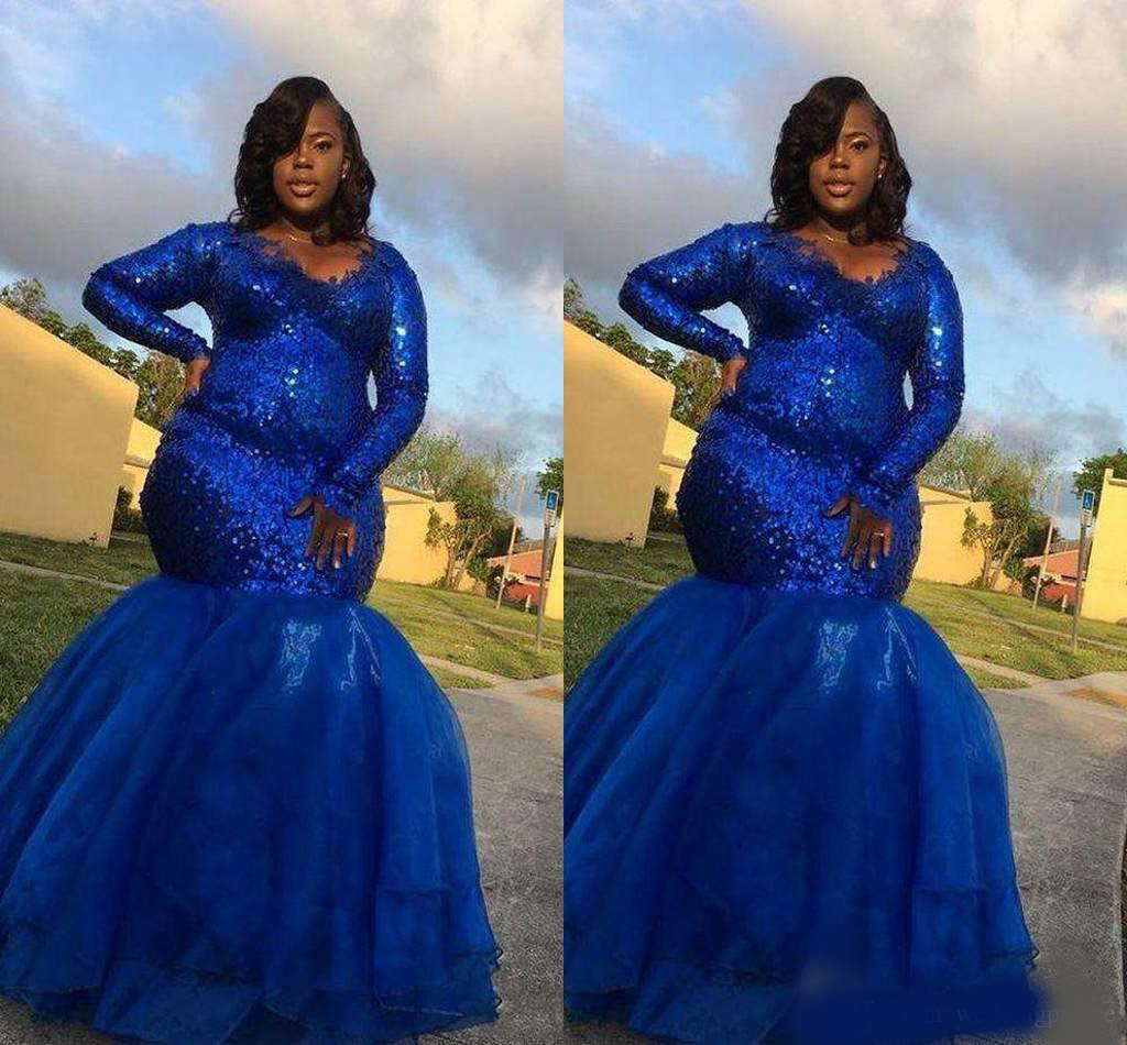 Royal Blue Lace Prom Dresses Long Sexy Mermaid Sequins Floor-Length Formal Party Evening Dresses Formal Evening Gowns