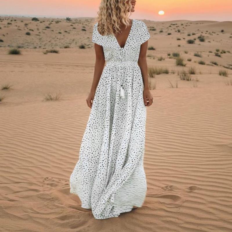 Women Maxi Dress Vintage Elegant Dot Print Tassels Long Dress Short Sleeve Sexy VNeck Beach Maxi Dresses vestido longo #js5, Blue
Women Maxi Dress Vintage Elegant Dot Print Tassels Long Dress Short Sleeve Sexy VNeck Beach Maxi Dresses vestido longo #js5, Blue