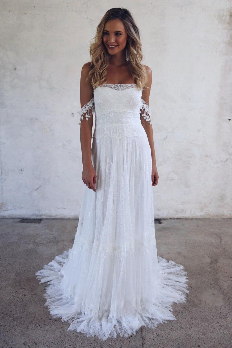 Bohemian Summer Beach Wedding Dresses Off The Shoulder Lace Boho Bridal Gowns Vintage French vestido de noiva Wedding Dress
