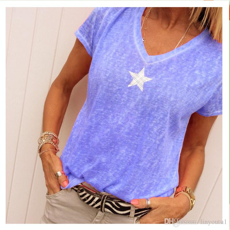 2020 Summer Explosion Models V-neck Print Five-pointed Star Loose Female Short-sleeved T-shirt Neon Tops Roupas Femininas
