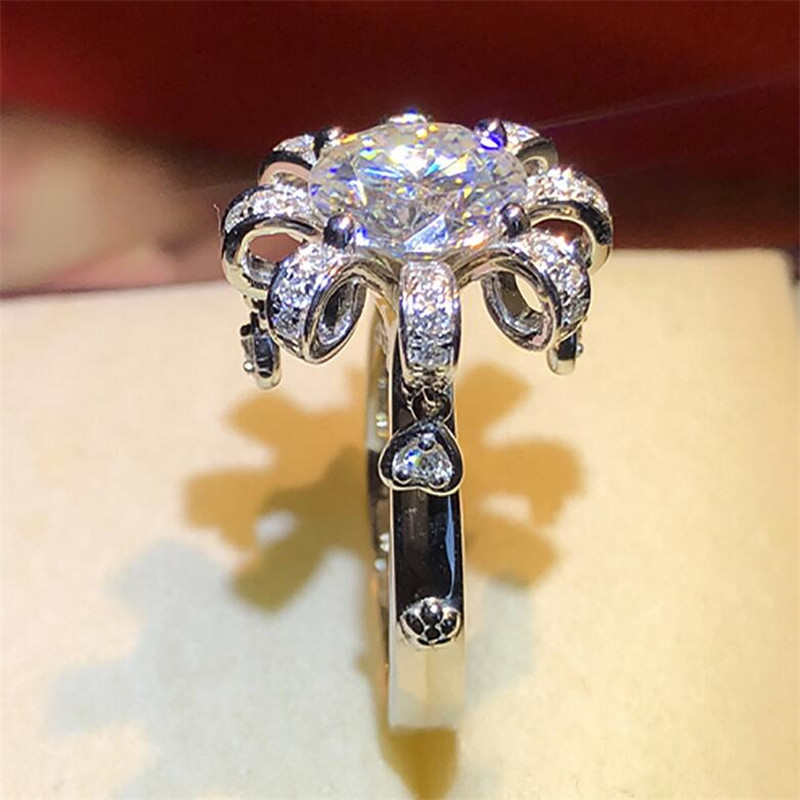 US Size 6-10 Classic Jewelry 925 Sterling Silver Round Cut White Topaz CZ Diamond Gemstones Eternity Women Flower Wedding Band Ring Gift