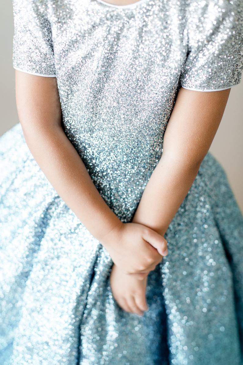 Light Blue Gradient Color Flower Dresses Sparkly Sequined Ball Gown Floor Length Girls Pageant Gowns Birthday Party Formal Wear
