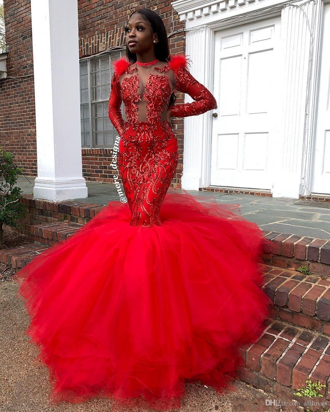 red gorgeous feathers sequined black girl mermaid prom dresses long sleeve jewel neck illusion formal arabic evening gowns