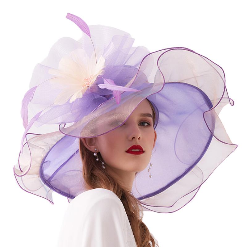 FS 2020 New Women Hats For Elegant Summer Hat Ladies Party Cap Large Brim Fedoras With Flower Chapeu Feminino