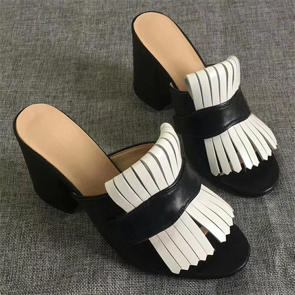 Hot Sale-Mid-heel Pump Sandal Platform Sandals with Fold over Fringe Real Leather High Heel with Box US11