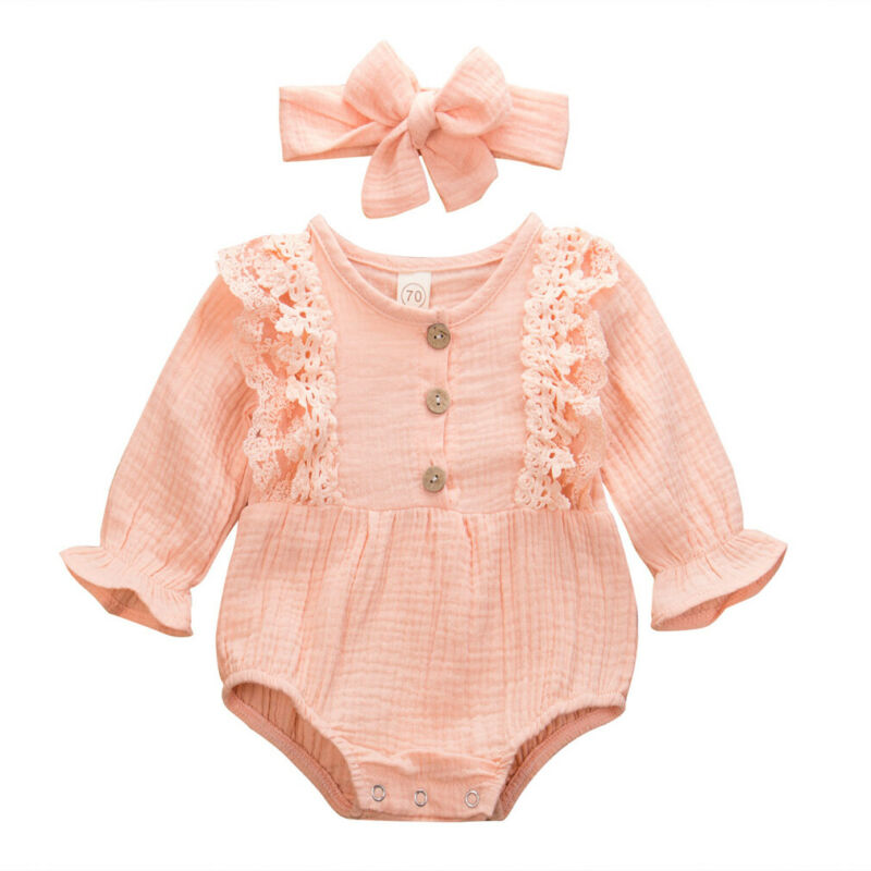 Emmababy 2PCS Newborn Infant Kid Baby Girl Long Sleeve Lace Patchwork Bodysuit Jumpsuit Playsuit Clothes+Headband Autumn