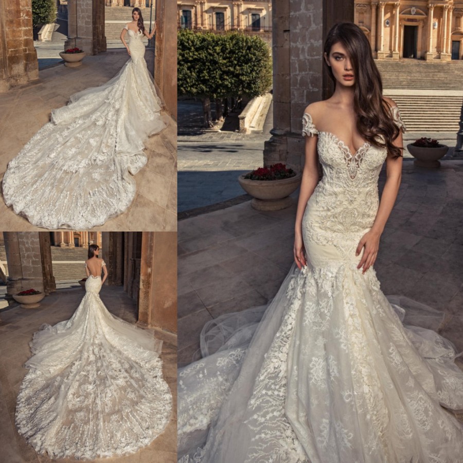 Lace Gorgeous Mermaid Backless Wedding Dresses Sheer Sweetheart Neck Beaded Bridal Gowns Cathedral Train Trumpet Robe De Marie