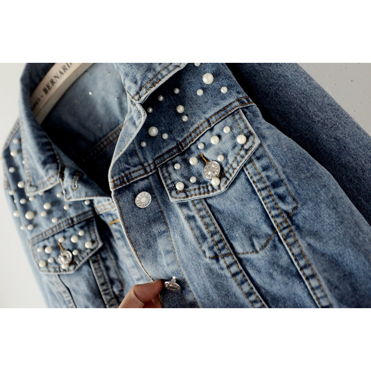 LUZUZI 5XL Short denim jacket female Ulzzang beaded pearl loose thin casual jeans bomber jacket women spring autumn new coat CY200515