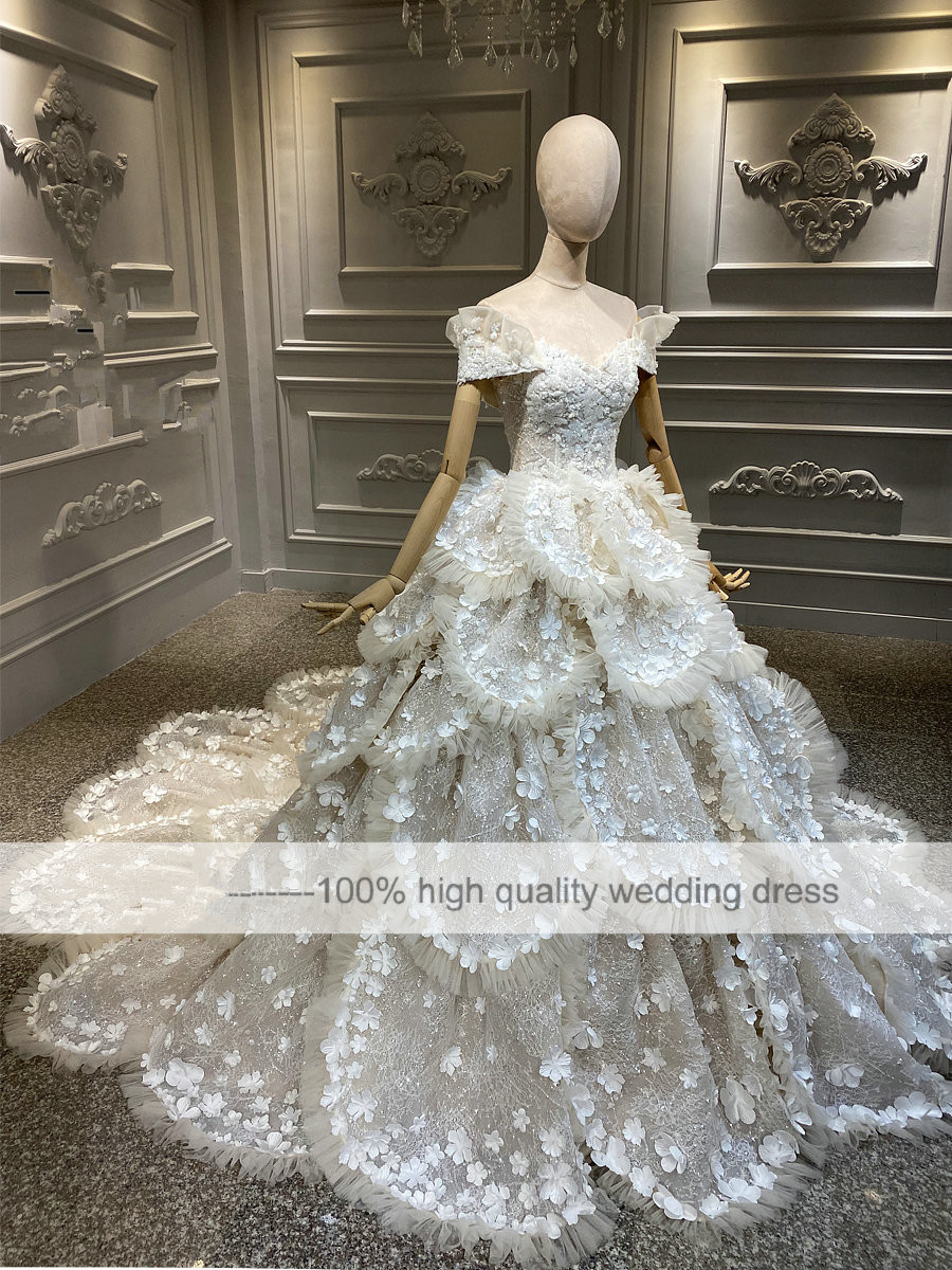Luxury 3D Floral Lace Wedding Dress Off The Shoulder Vestido De Noiva Plus Size Beach Boho Beads Wedding Dresses Bridal Gowns