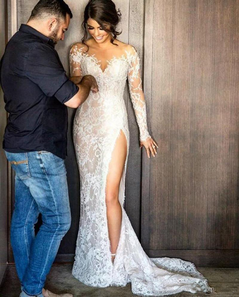 Steven Khalil Lace Split Wedding Dresses Mermaid With Detachable Train Sheer Neck Long Sleeves Bridal Gowns Custom Size vestidos de novia